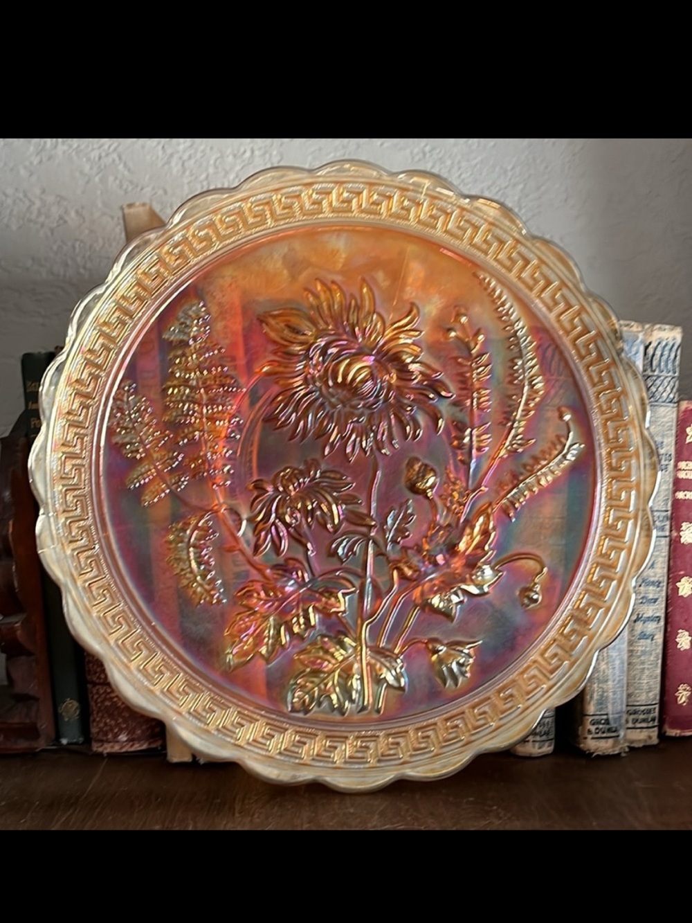 Imperial Glass Open Rose Carnival Glass Marigold Iridescent Greek Key Vintage